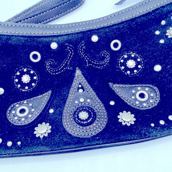 Black Leather /Suede Crescent Shaped Wristlet Bag Paisley Designs Silver Studs - Picture 5 of 15